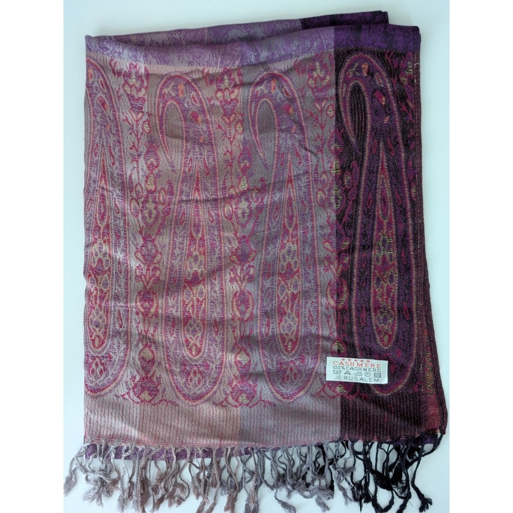 Jerusalem 100% Cashmere Scarf Purple Paisley Shawl Wrap with Fringe‎